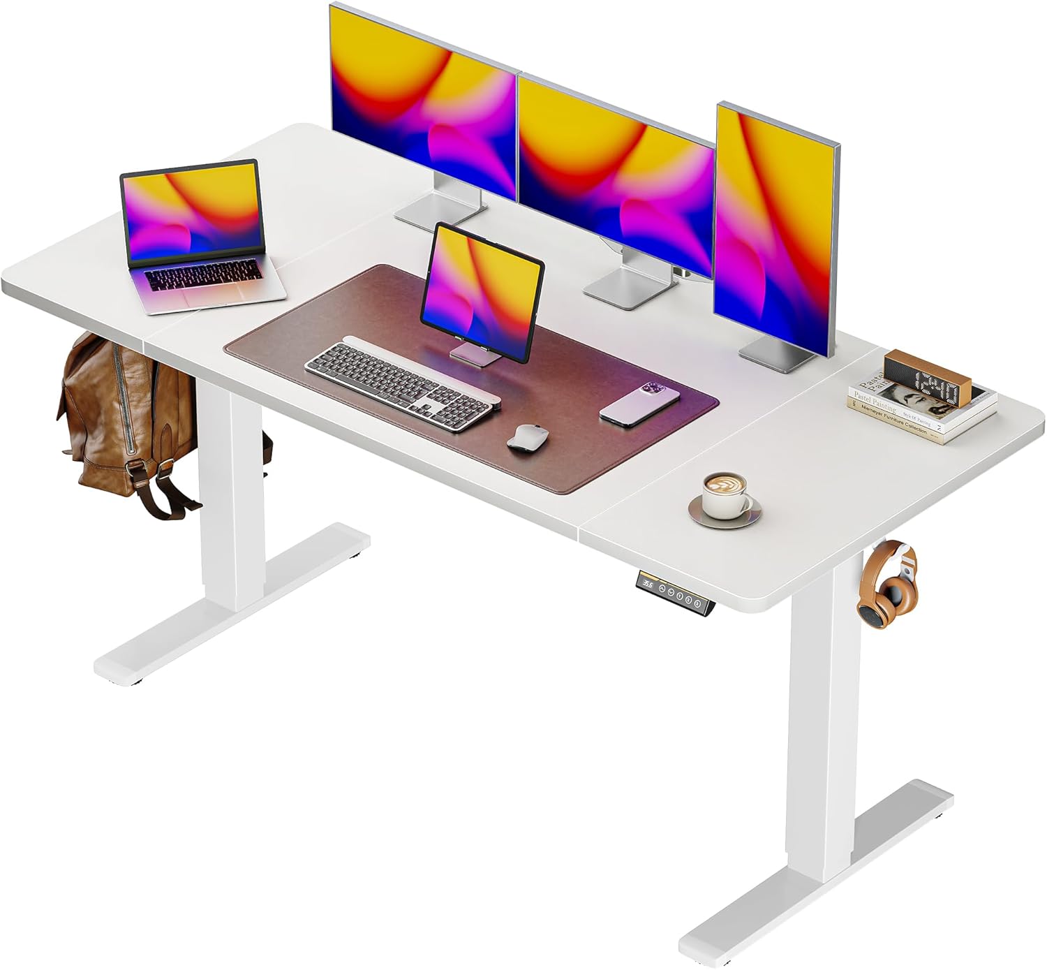 Huuger 55 x 28 Large Electric Standing Desk, Height Adjustable Copmuter Desk, 27.6 Deep Desktop, Stand up Gaming Office Table with 2 Hooks, 3 Preset Heights, for Home Office, White