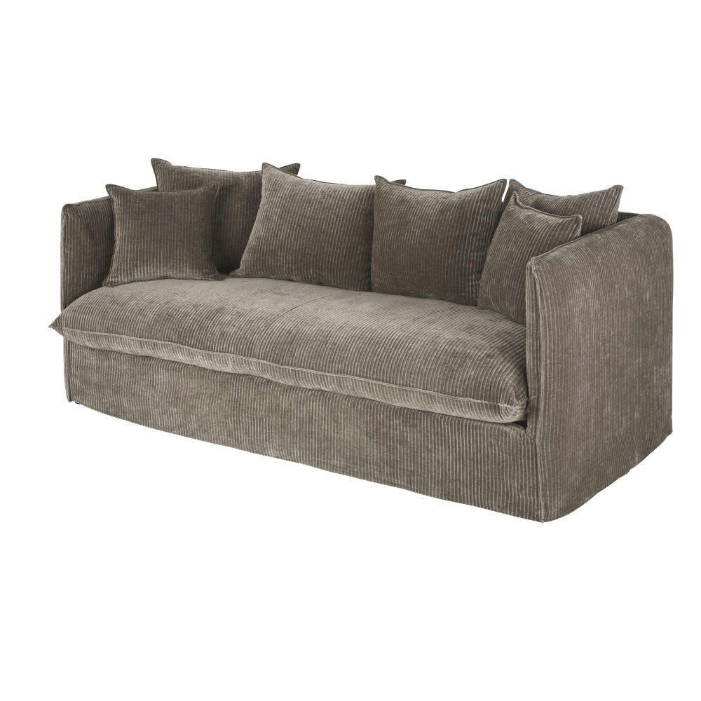 Louvain - Canapé 3/4 places en velours côtelé marron écorce