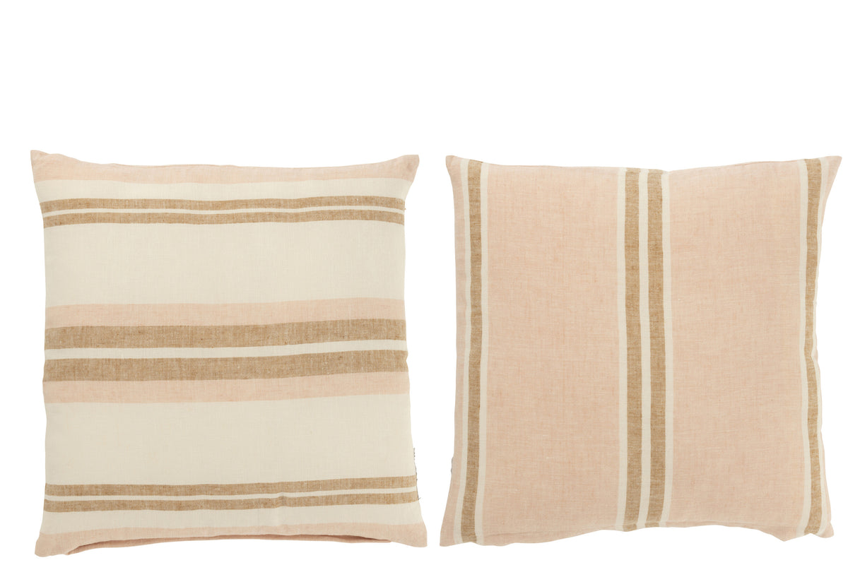 J-Line kussen Gestreept - linnen - lichtroze/wit/beige - 2 stuks