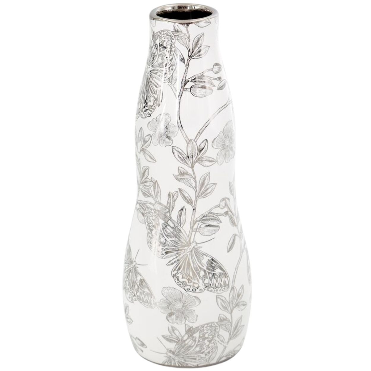 Wazon ceramiczny RITA biało-srebrny w kwiaty 25 cm 9 cm