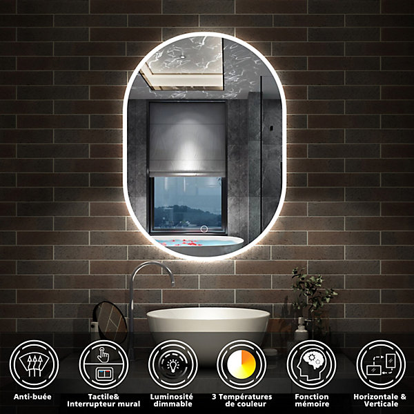 Miroir salle de bain LED 45x80cm tricolore   anti-buée   dimmable   mémoire, AICA SANITAIRE