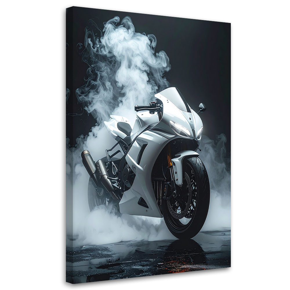 Obraz do pokoju młodzieżowego biura, Motocykł sportowy ścigacz biały 20x30