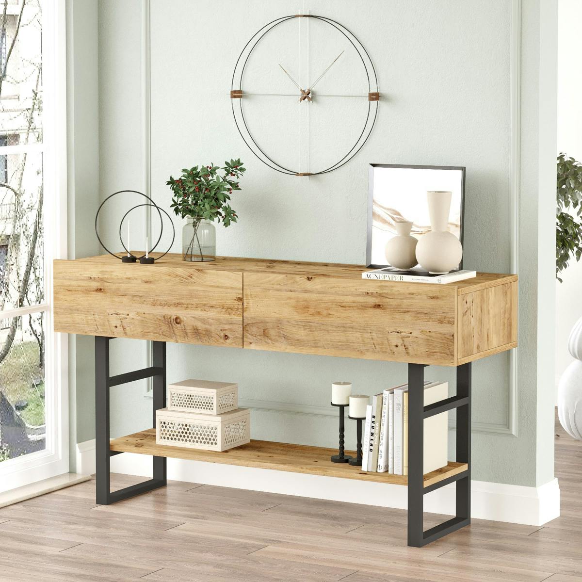 Console rustique chic décor bois clair 2 tiroirs JENA