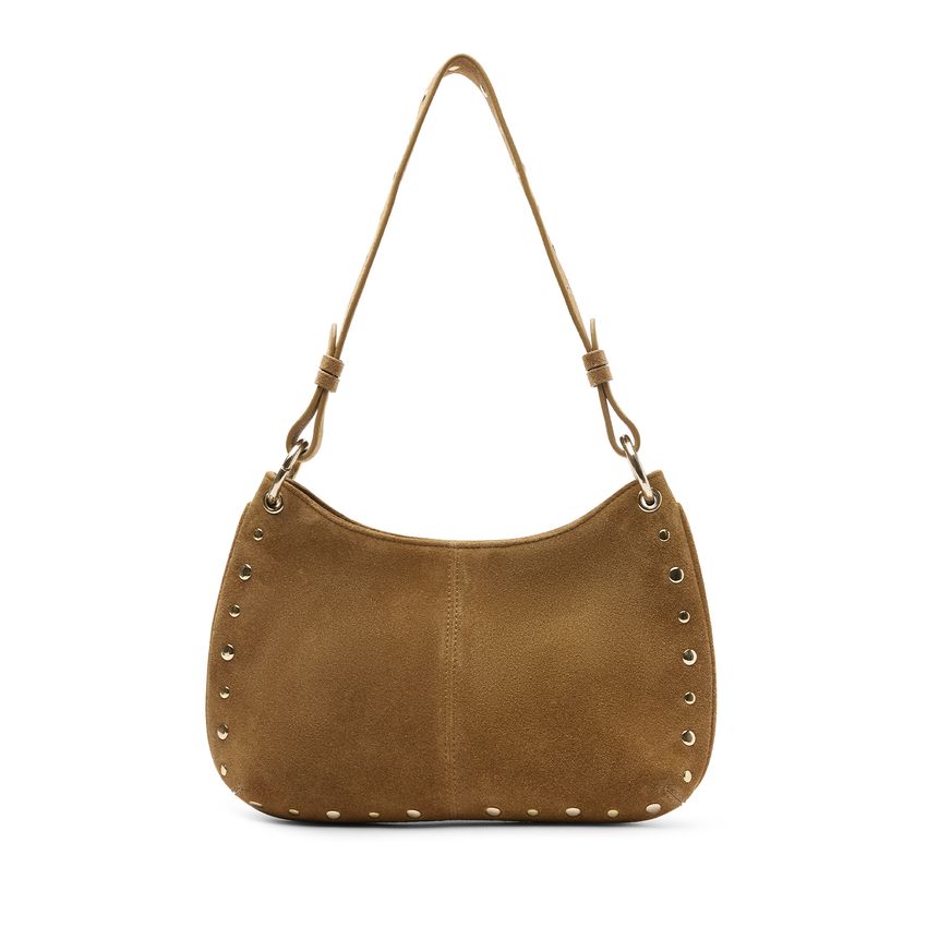 Manfield Cognac suède schoudertasje met gouden studs
