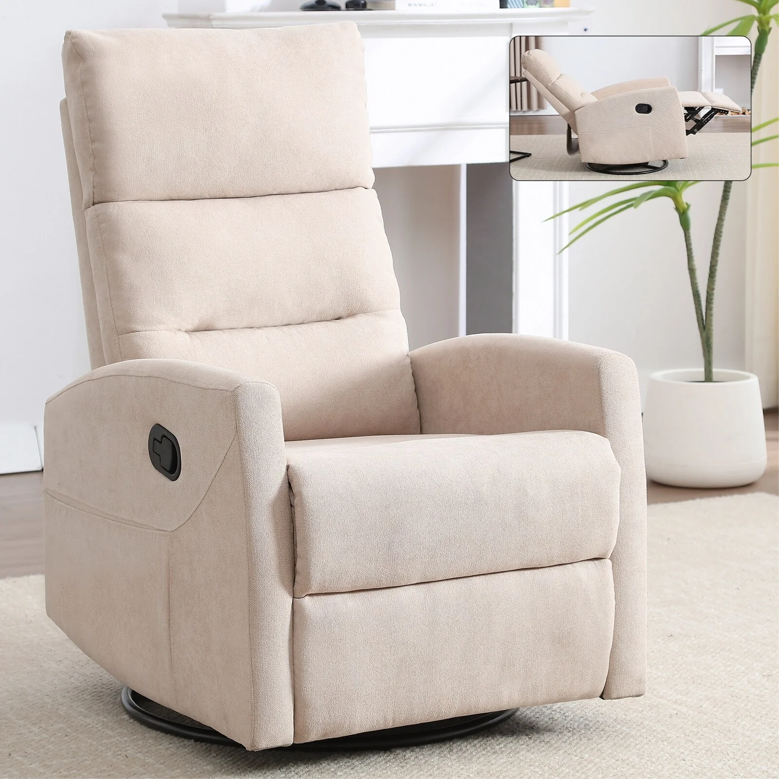 Fabric Rocker Recliner Chair with 360° Swivel Base, Manual Reclining Armchair with Side Lever, Comfortable Lounge Chair