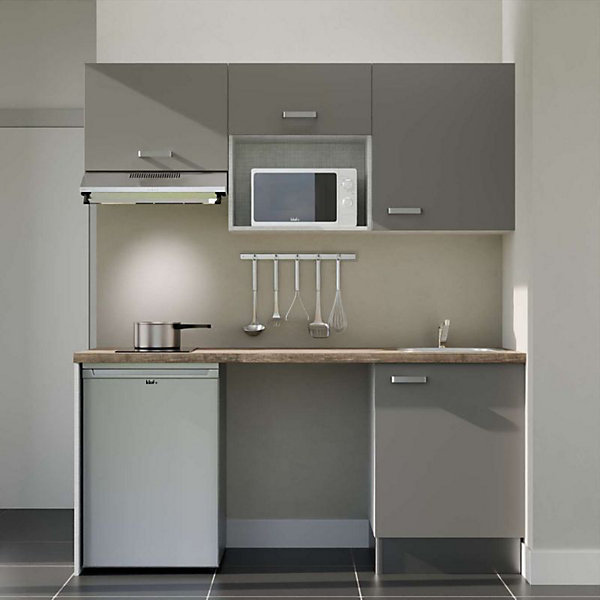 Kitchenette K55 façades Gris - Plan de travail Bois - Crédences : Non - Evier inox - Electroménager Inox inclus