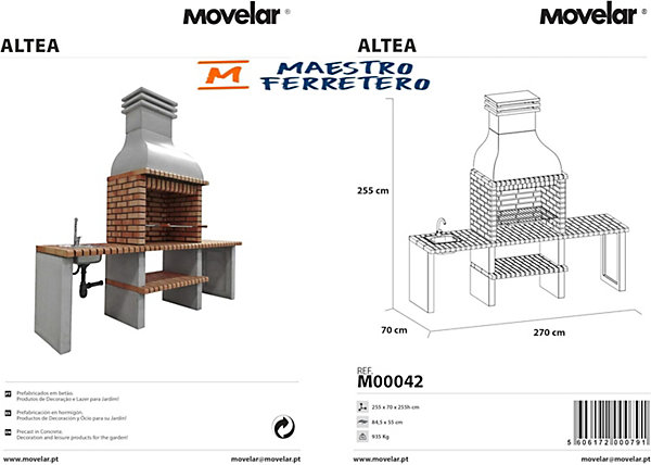 MOVELAR - Barbecue préfabriqué à bois et charbon de bois Altea (Gris, Orange - 268x70x255 cm) REF : M00041 - Usage Extérieur