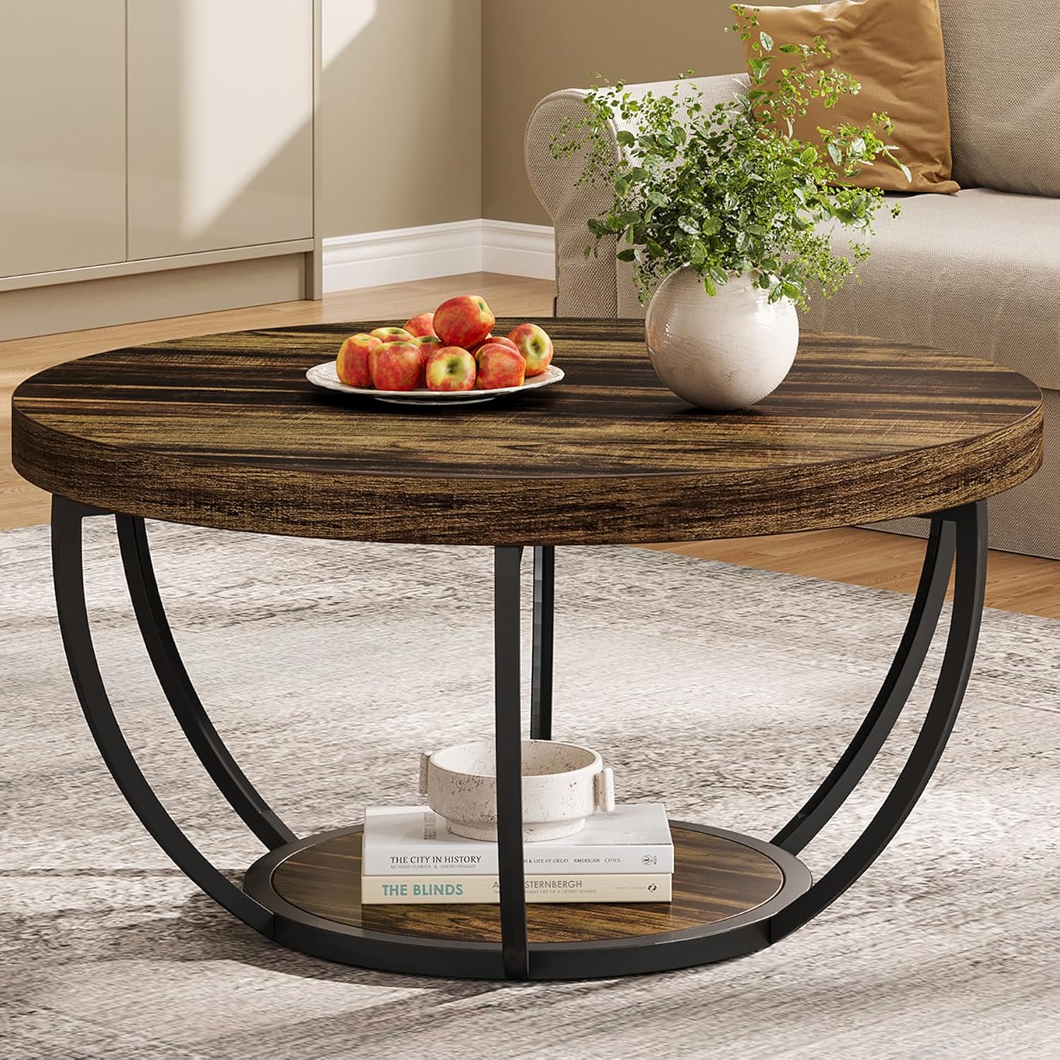Tribesigns Round Coffee Table, 31.7 Wooden 2-Tier Circle Coffee Table with Storage Shelves, Modern Accent Cocktail Table Center Table for Living Room, Rustic Brown