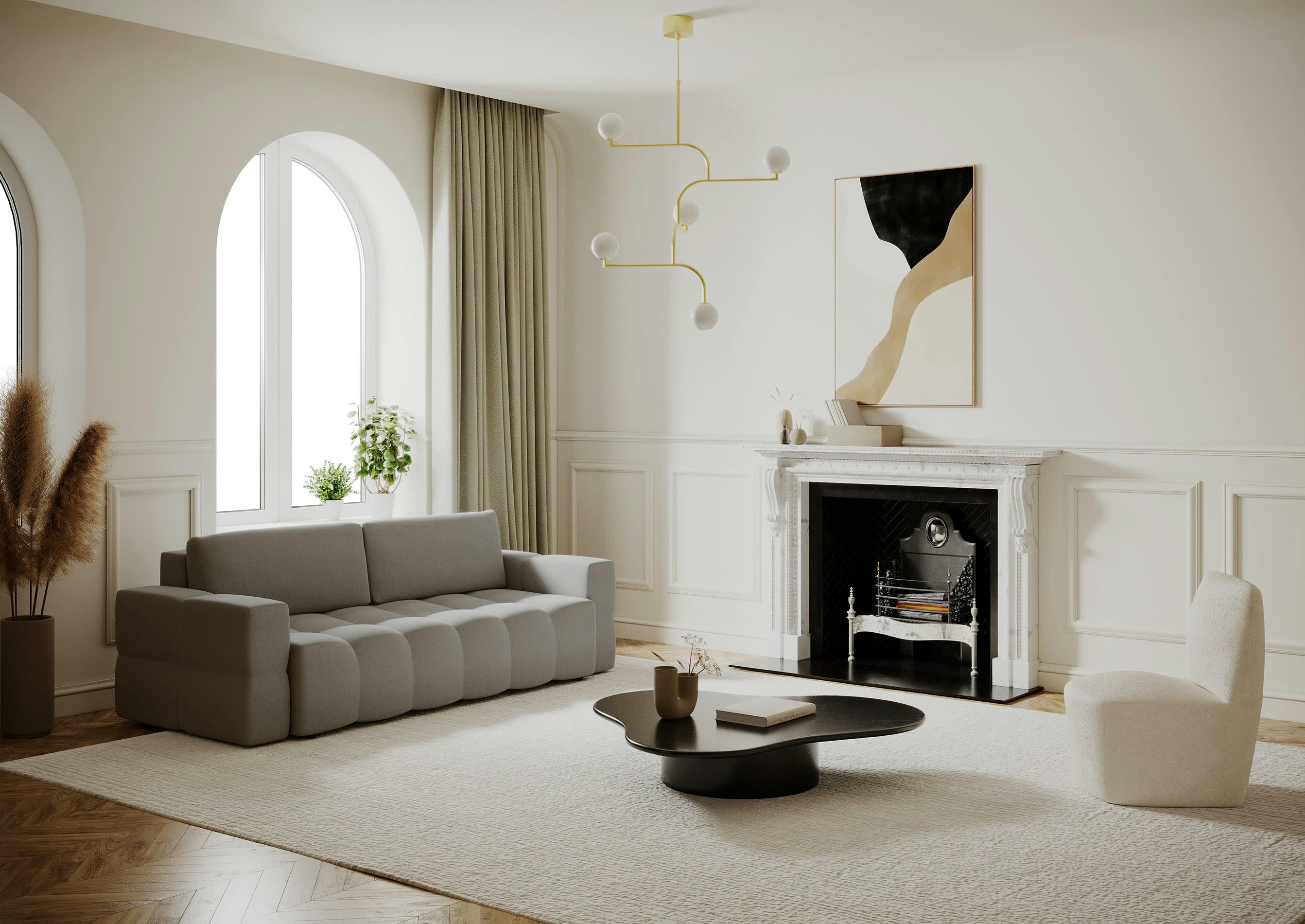 GABRIEL - Canapé 4 places convertible coffre noyer tissu tramé taupe