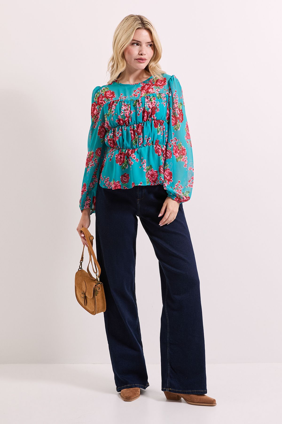 Dorothy Perkins Floral Sheer Yoke Printed Chiffon Shirred Top