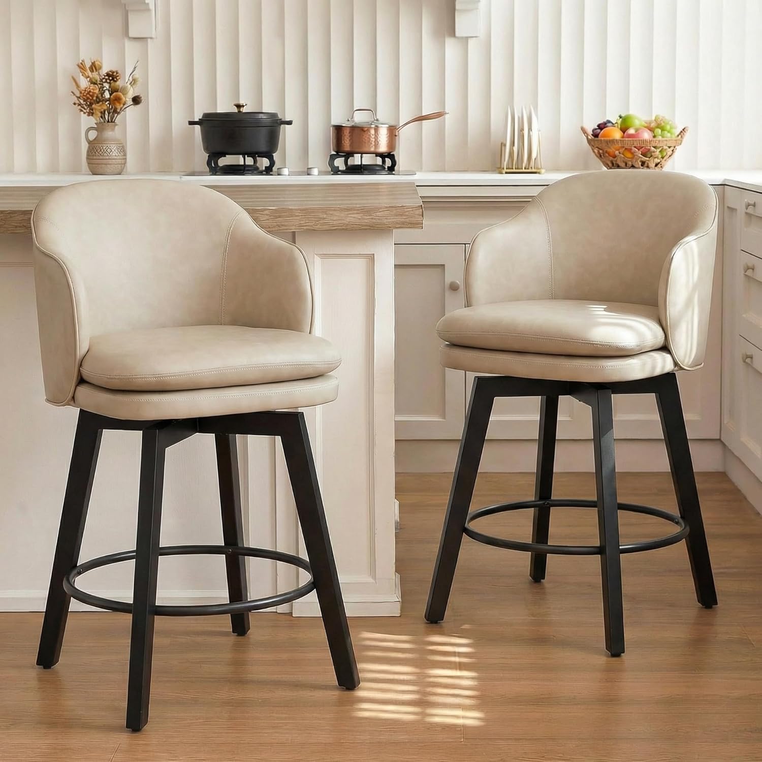 Counter Height Barstools 26 inch Upholstered Swivel Bar Stools with Back and Wood Legs for Kitchen Island,Set of 2,Beige PU Leather