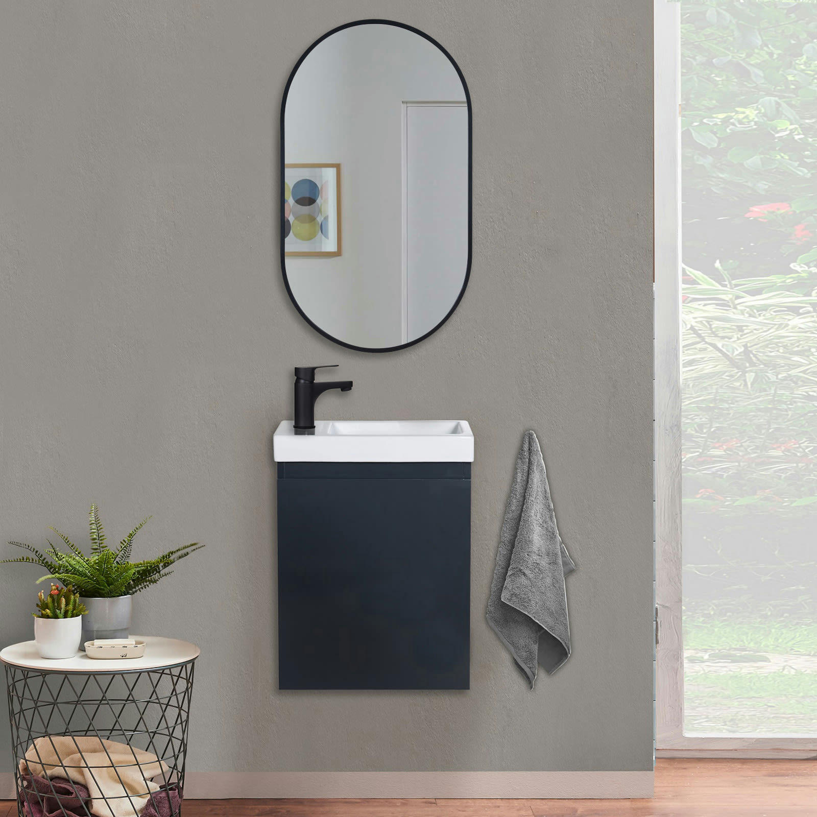 LISA - Meuble lave-mains  gris anthracite + miroir ovale
