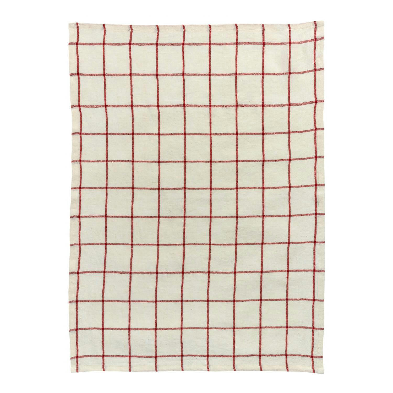 KARMA - Torchon carreaux  en lin ecru/rouge 55 x 75