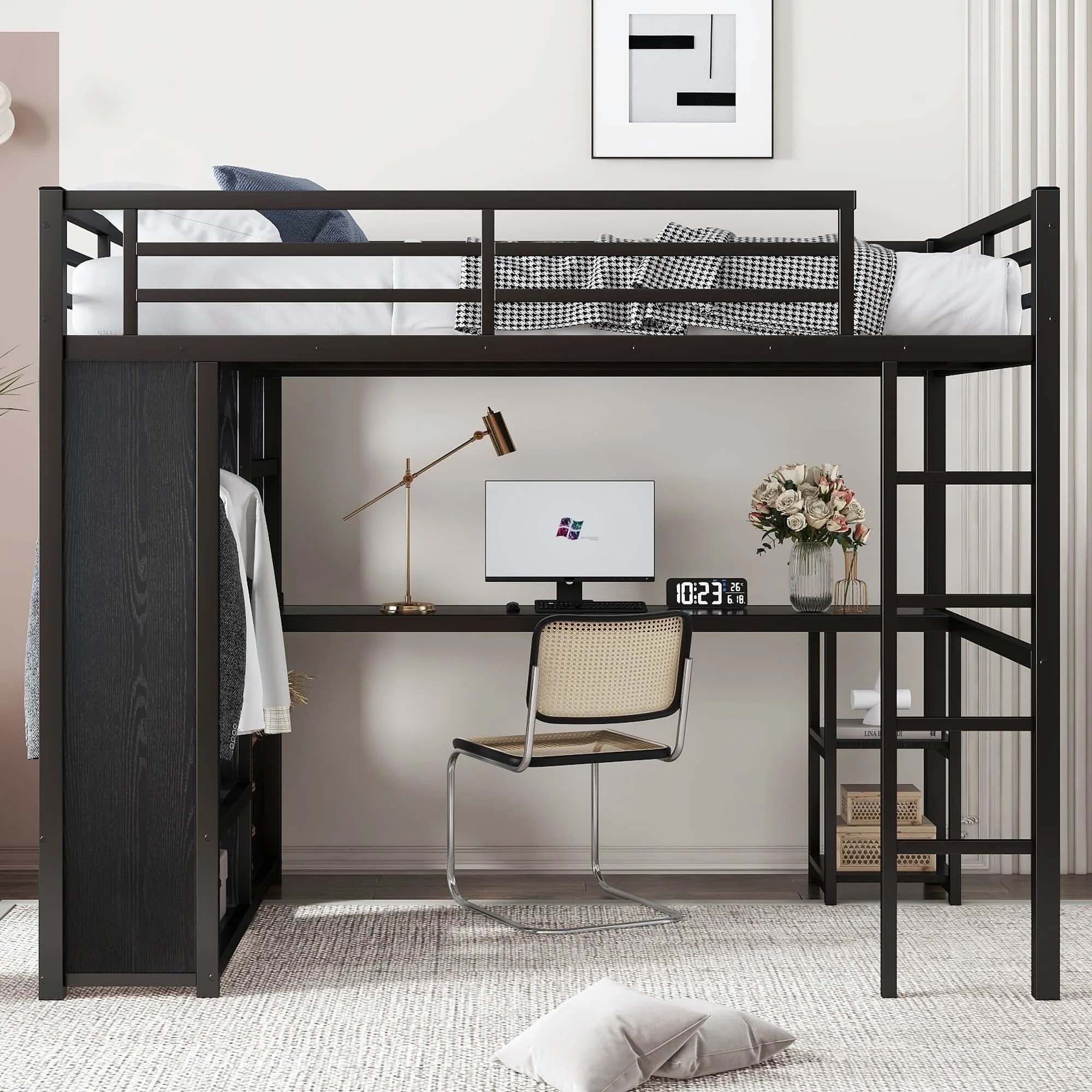 Black Metal Loft Bed Frame with Built-in Wardrobe, Desk and Shelves