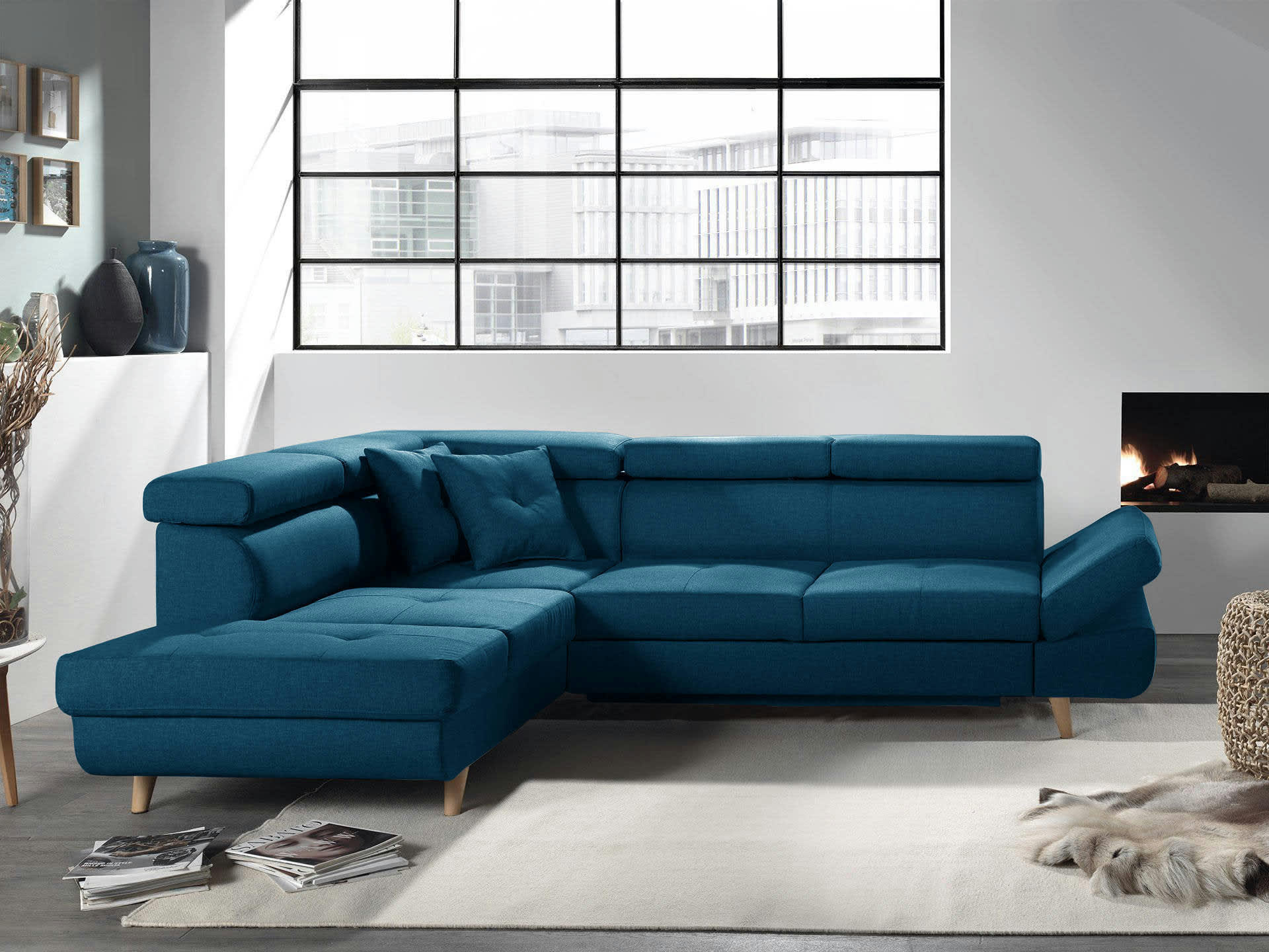 LINEA - Canapé d'angle gauche convertible 5 places en tissu bleu canard