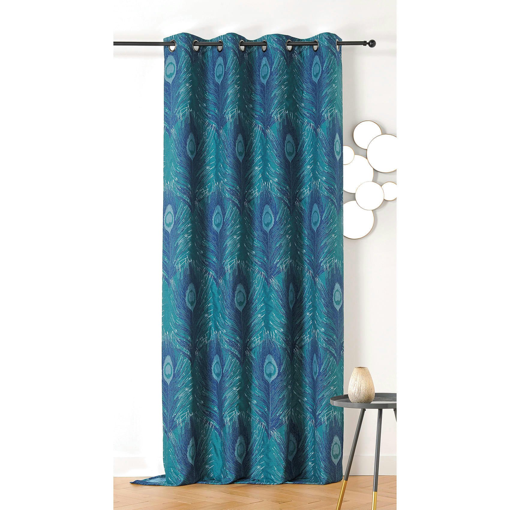 - Rideau imprimé plumes de paon polyester bleu 140x240 cm