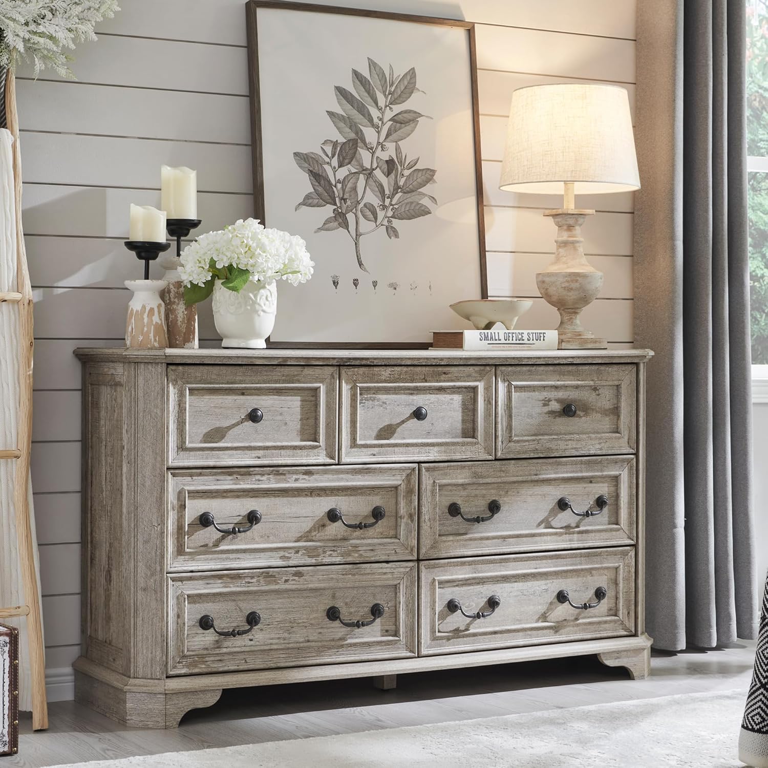 T4TREAM Farmhouse 7 Drawers Dresser for Bedroom, 54 Wide Wood Rustic Chest of Drawers with Natural Texture, Vintage Design, Storage Dressers Organizer for Bedroom, Living Room Light Rustic Oak