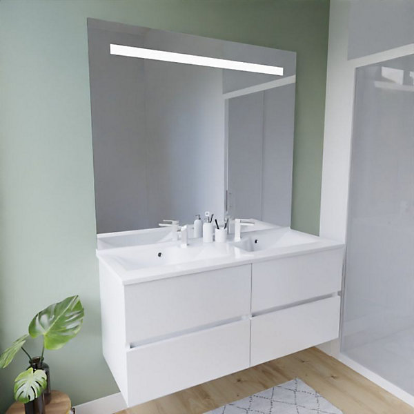 Meuble double vasque 120 cm ROSALY INOX   miroir Elégance ht105- Blanc- Plan vasque en Résine