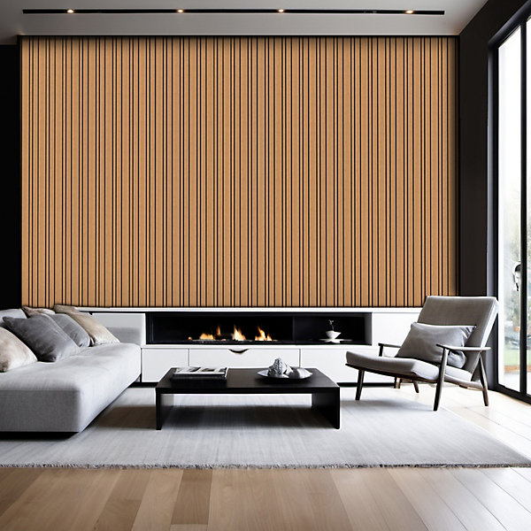 Panneau Boa en MDF fond noir, tasseaux décor chêne Saragosse L. 280 x l 90 cm, ép. 2,1 cm