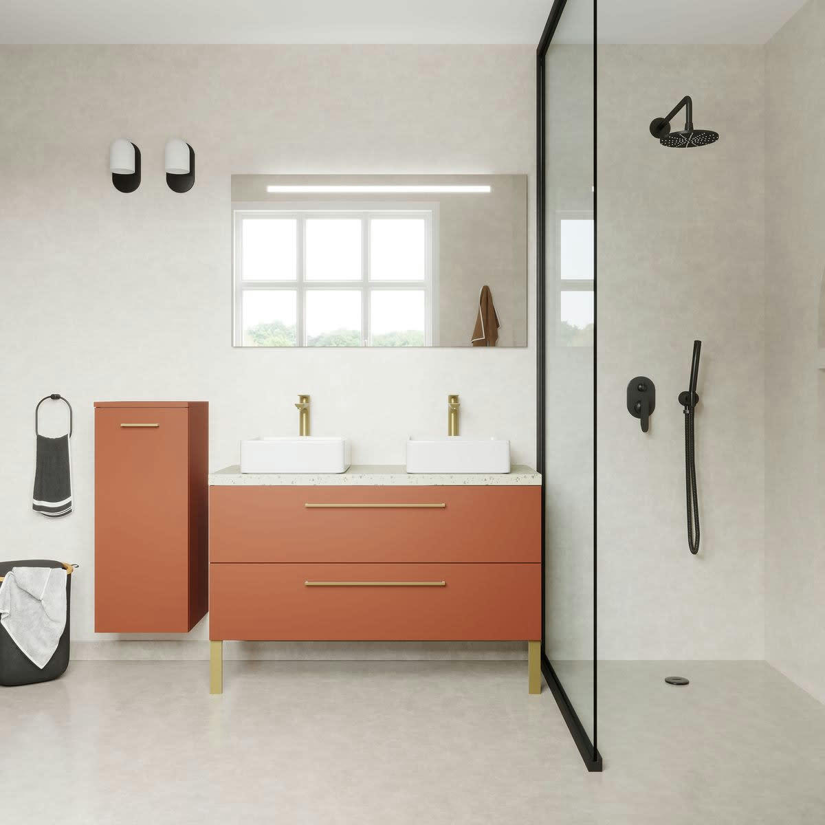 GLASGOW - Meuble salle de bain 2 vasques posées 120cm 2 tiroirs Terracotta