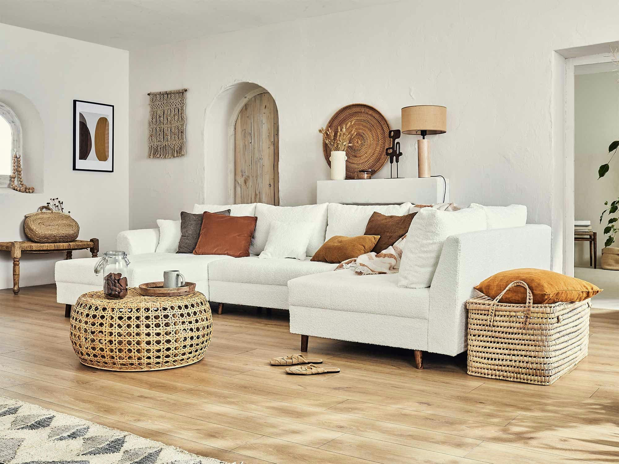 RUNE - Canapé d'angle droit 7 places en tissu bouclette blanc