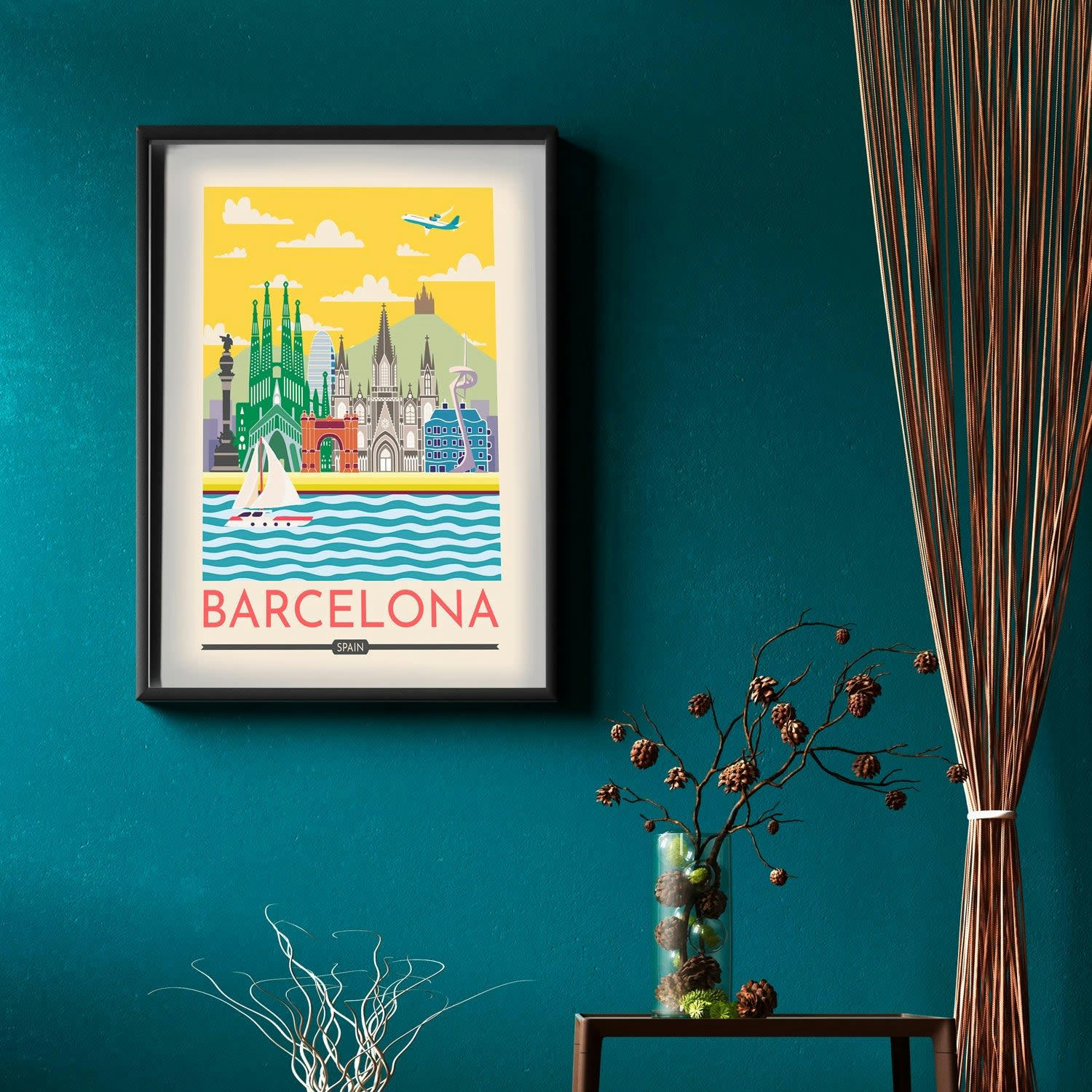 CIUDADES - Affiche avec cadre noir - Barcelone - 50x70