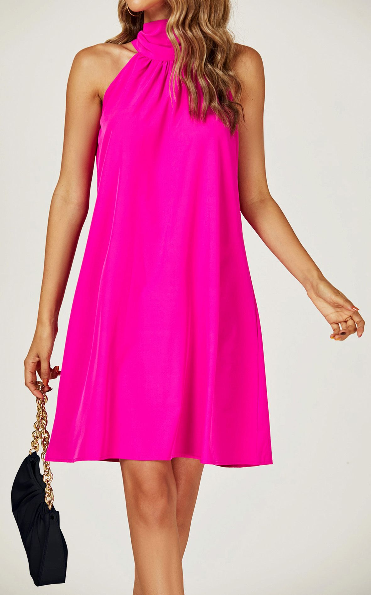 FS Collection Halter Neck Tie Back Mini Dress In Magenta