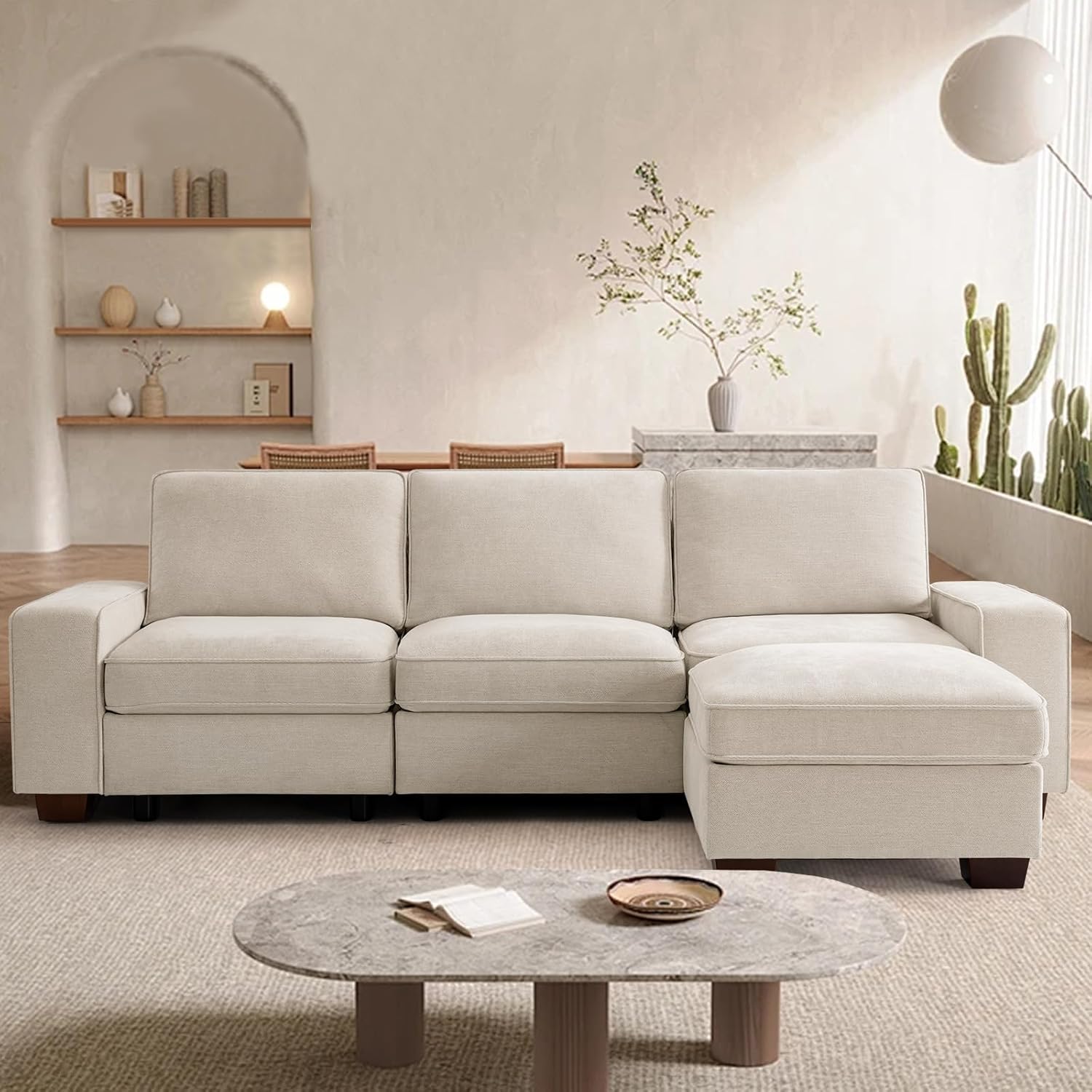 TEKAMON 100 Modular Sectional Sofa with Seats Storage, L Shaped Couch with Movable Ottoman for Living Room, Couch with Chaise, Solid Wood Frame, Spring Cushions, USB Port, Removable Covers, Beige | Seats Storage, Movable Ottoman, Flexible ModularSof