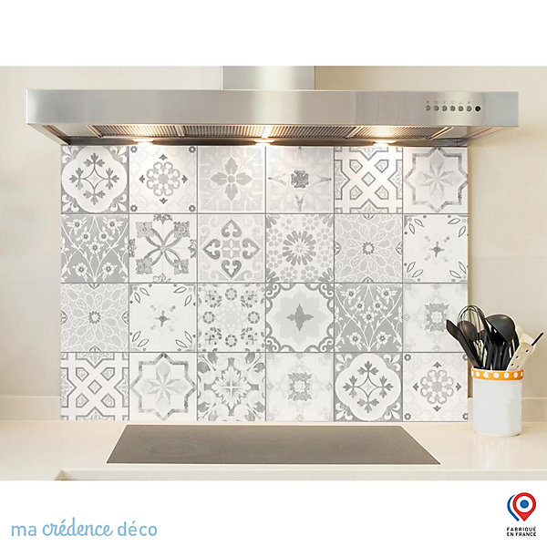 Crédence cuisine fond de hotte Carreaux ciments antique gris - Verre trempé - L 90 cm x H 70 cm - MaCrédenceDéco