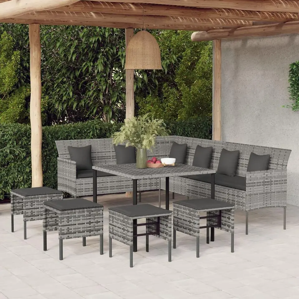 vidaXL - 6-delige Tuinset met kussens 4 krukken - Grijs - PE-rattan - 90x90 cm