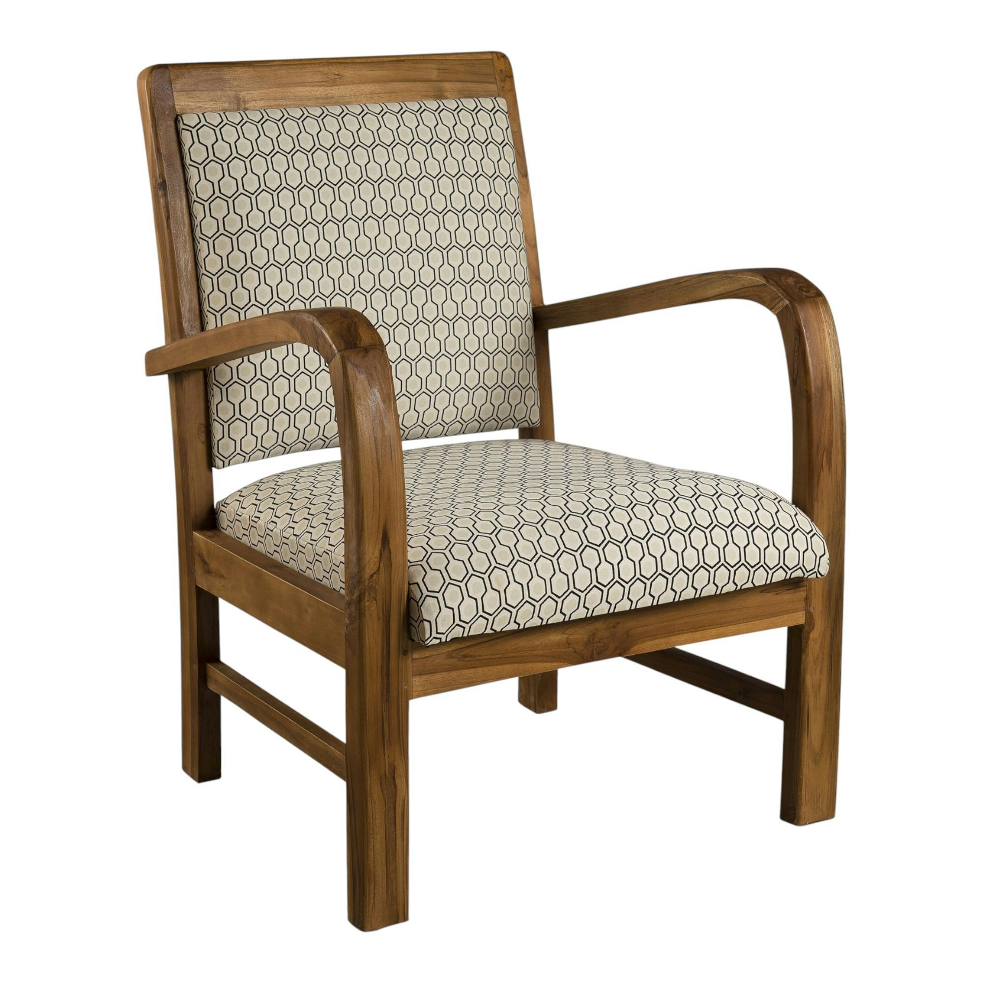 Fauteuil Teck assise tissu coton motifs géométriques façon nids d'abeilles 61x63x81cm DIKA
