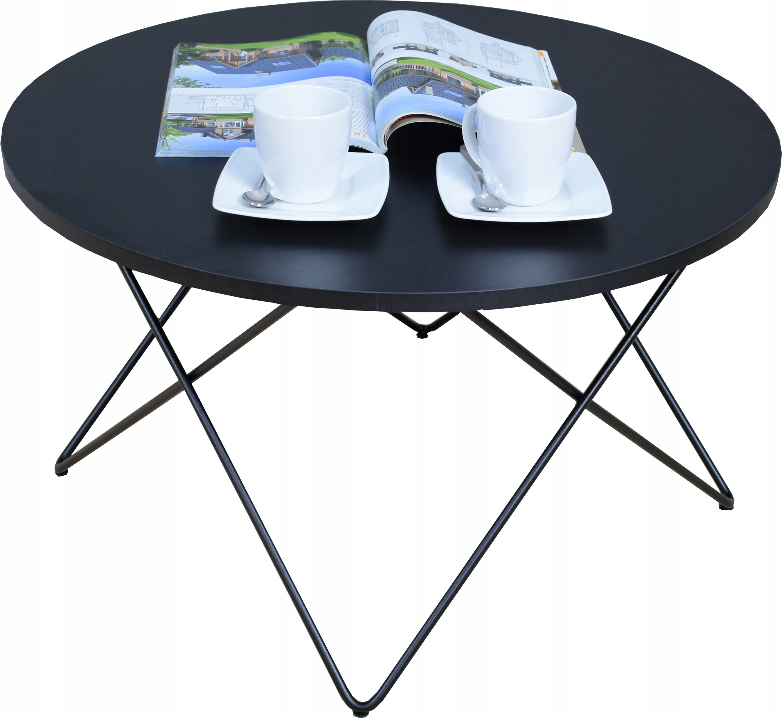 Nowoczesny Okrągły Stolik Kawowy Salon Loft 75x75x43 Czarny Blat MiniPearl