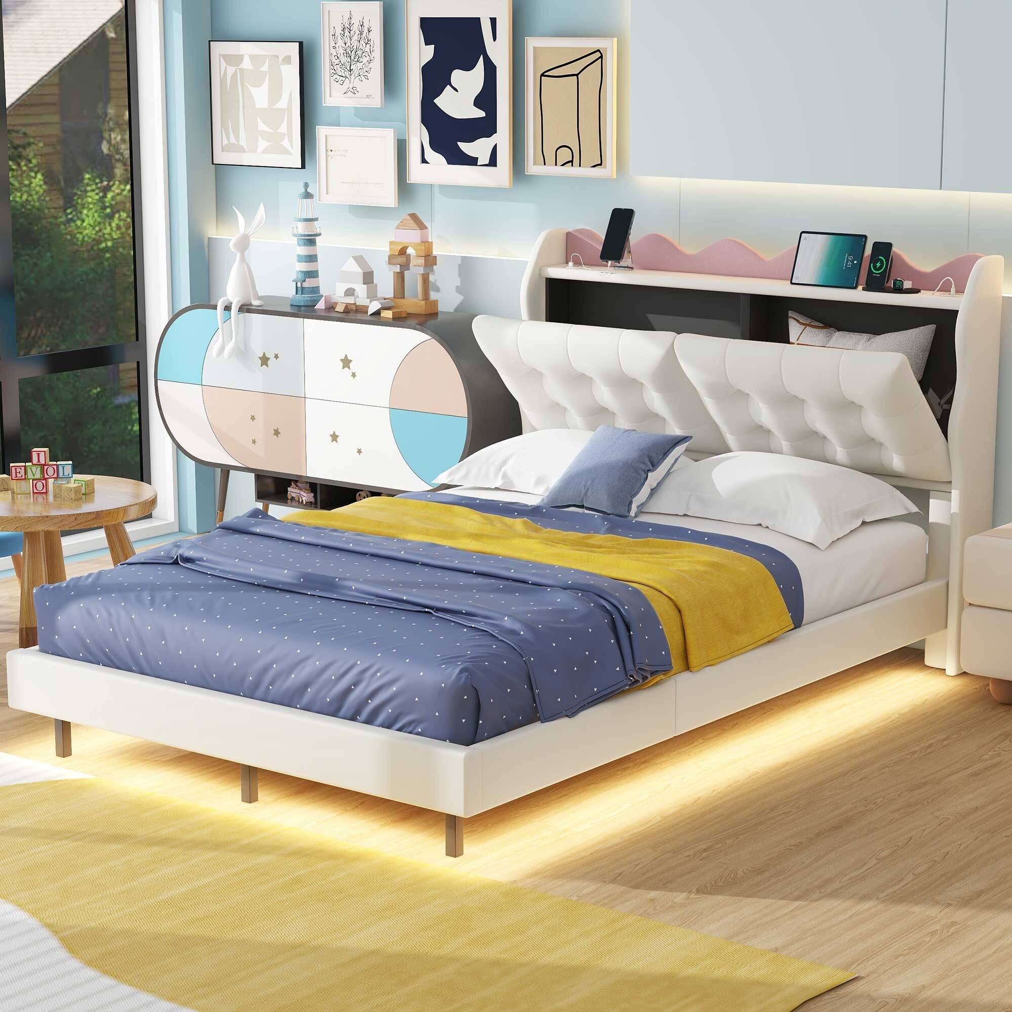 Twin Size Platform Bed with Storage Headboard, LED Lights & USB Charging