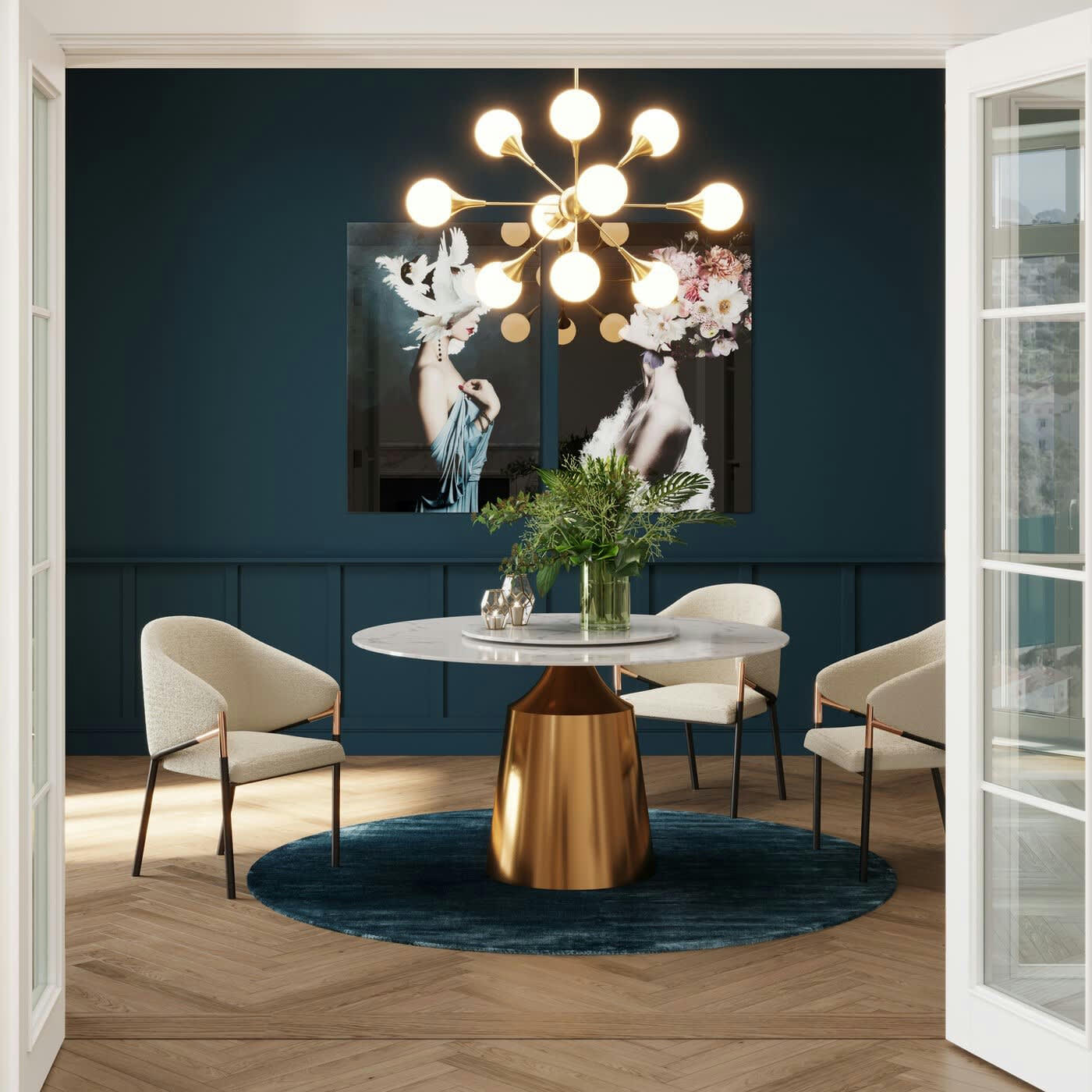 LUCIA - Table à manger 6 personnes ronde en marbre et acier doré D135