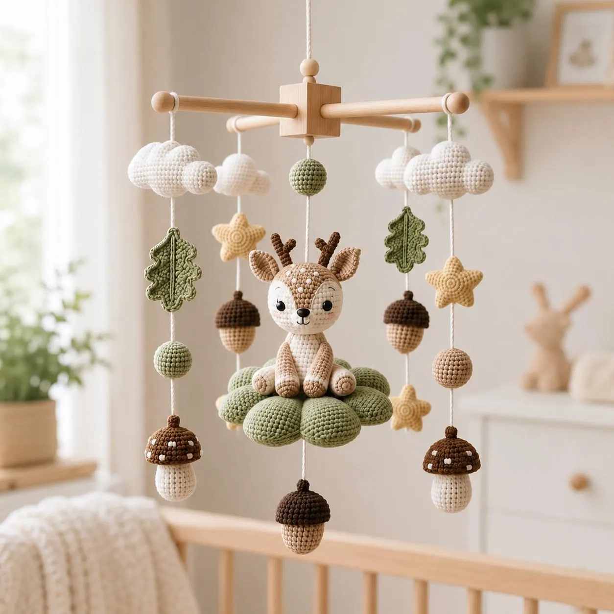 Crochet Deer Baby Mobile, Woodland Crib Mobile, Forest Nursery Mobile, Handmade Baby Mobile, Woodland Nursery Decor, Baby Shower Gift