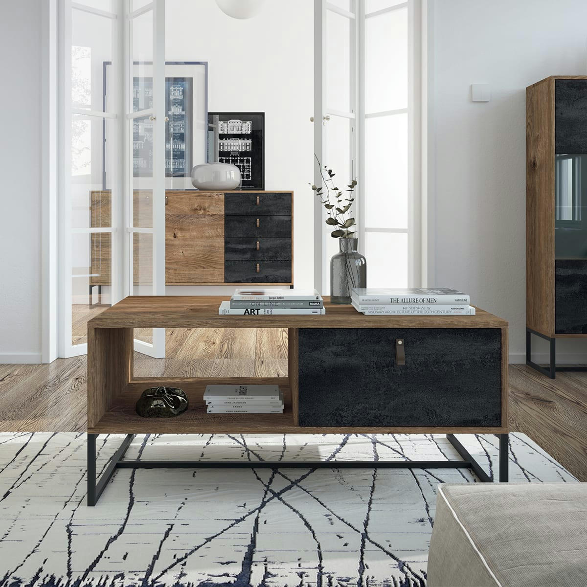 - Table basse 1 tiroir naturelle et noire