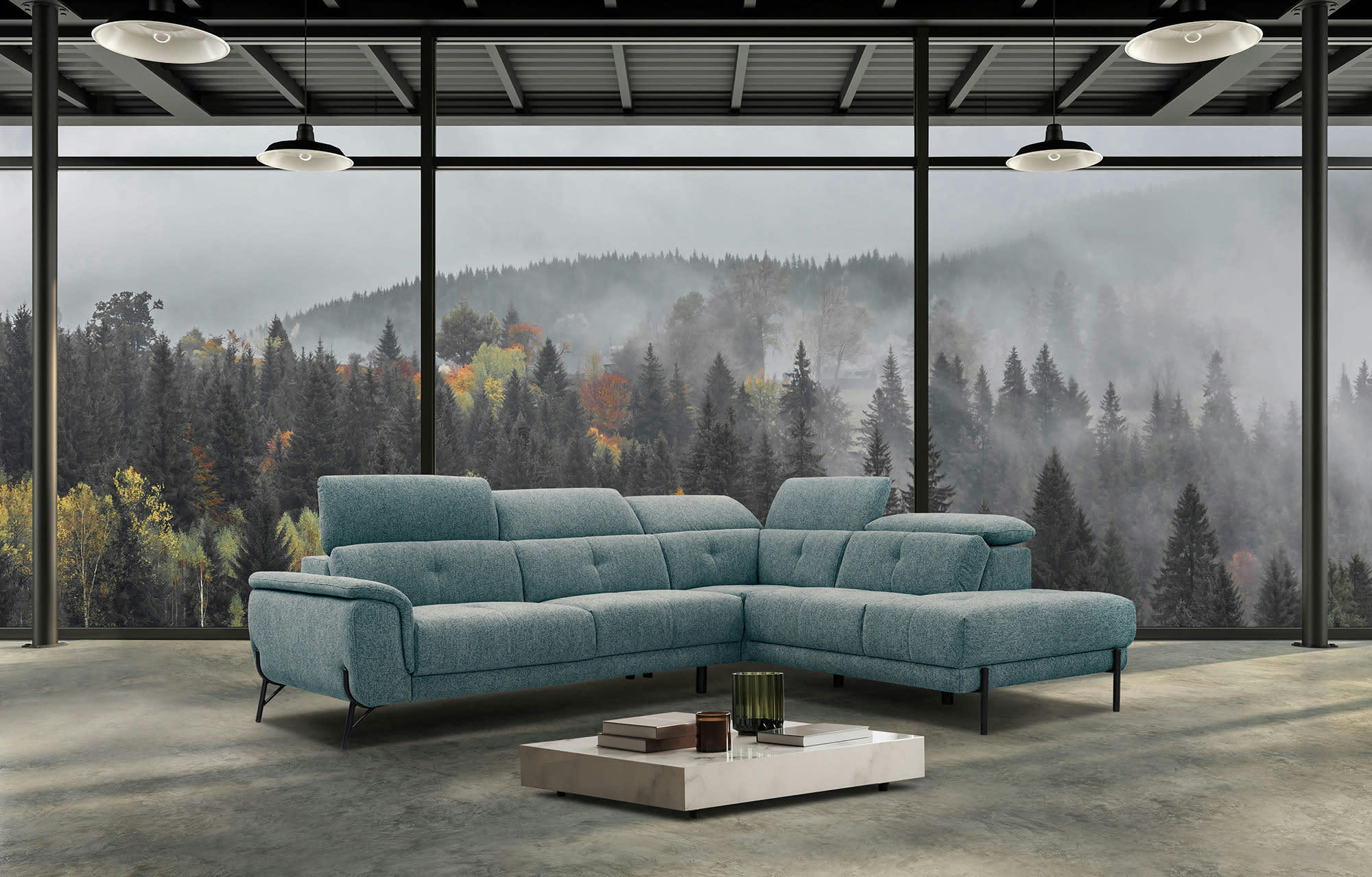 AVENA - Canapé d'angle droit  5 places en tissu bleu clair