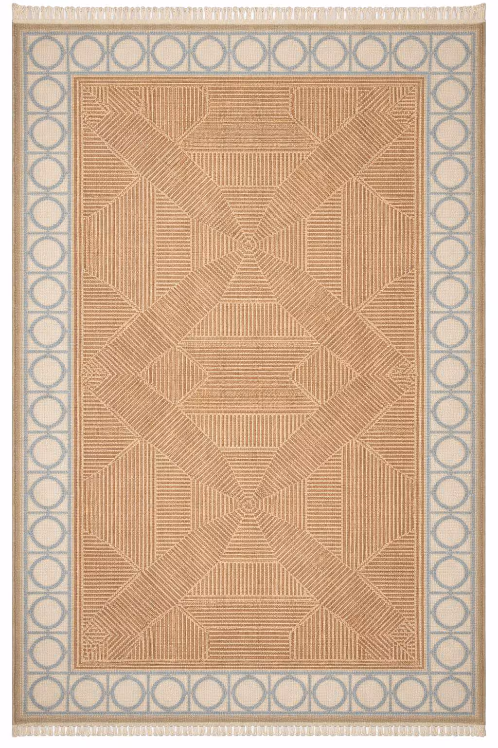 Hand-Knotted Beige Geometric Wool Rug: Modern Blue Border Turkish Carpet Bedroom Living Room Rugs