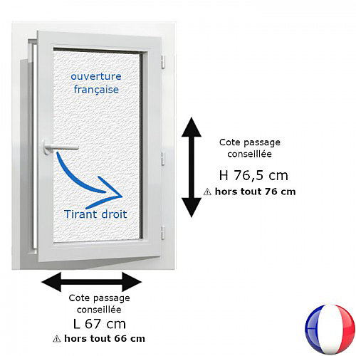 Fenêtre PVC blanc 1 vantail hors tout H 76 x L 66 cm ouverture française verre brouillé pour pose rénovation - tirant droit