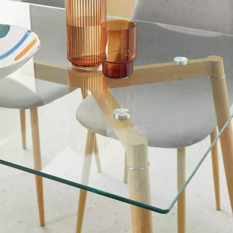 Habitat Beni Glass Oak Dining Table & 4 Grey Chairs