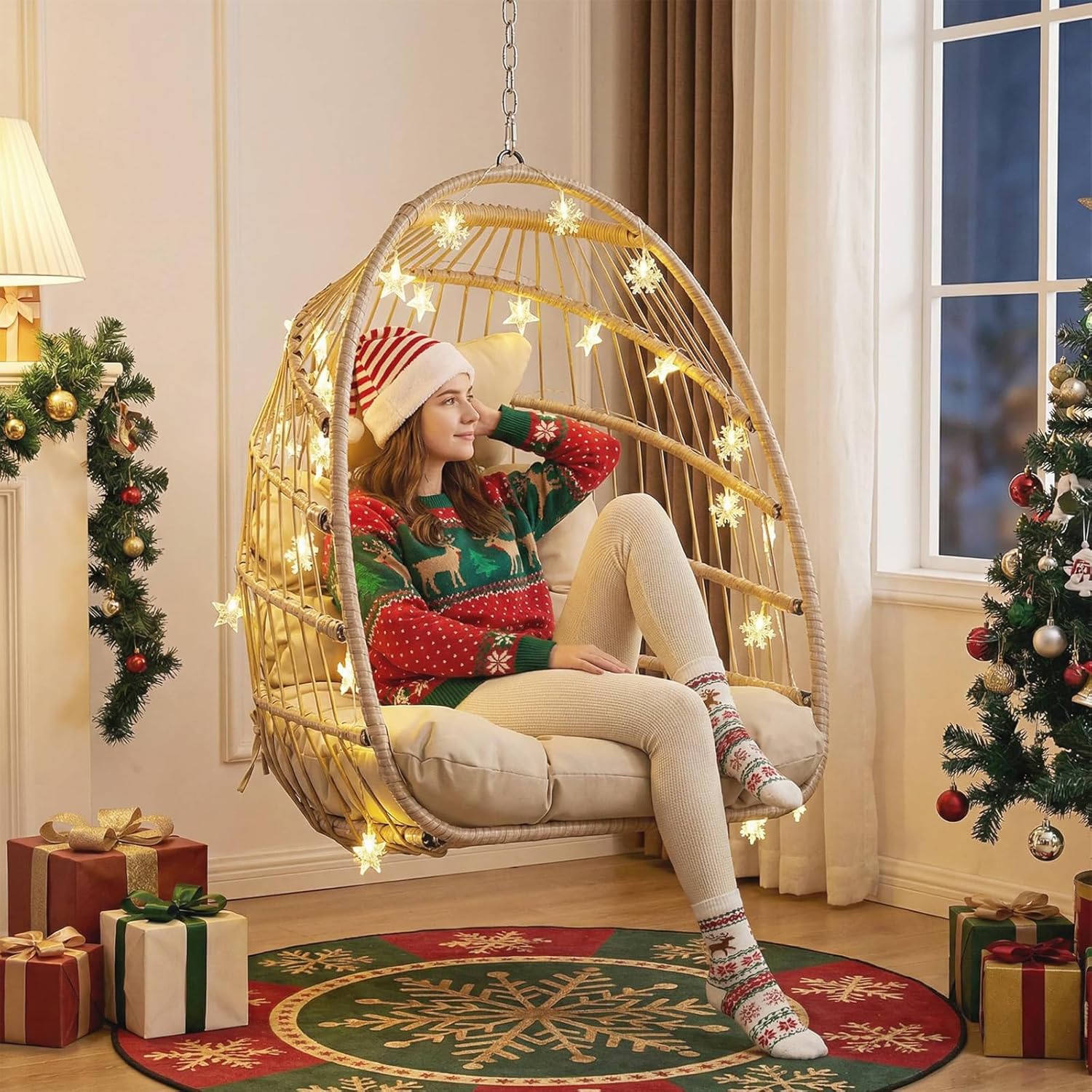 NICESOUL Egg Chair Without Stand Indoor Outdoor, Comfy Patio Wicker Hanging Chair with Cushion, 350lbs Swing Hammock Egg Basket Chairs, All Weather Ceiling/Tree Chairs for Balcony, Beige No Stand