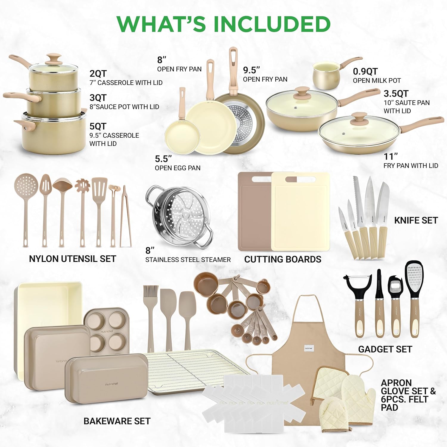 Nutrichef 54-Piece Marble Non-Stick Cookware and Bakeware Set, Professional Home Kitchen Collection with Multi-Sized Pots and Pans Set, and Heat-Resistant Tools