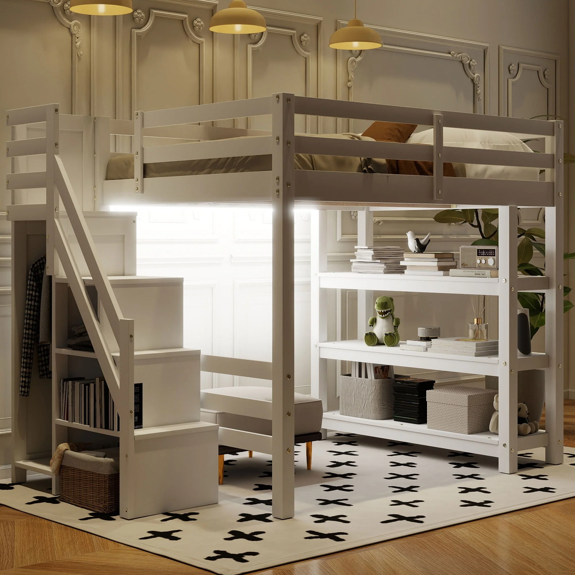 Wooden Loft Bed Frame with 4-tier Storage Shelf, Small Wardrobe, White LED Light and Storage Staircase, Space Saving Storage Bed