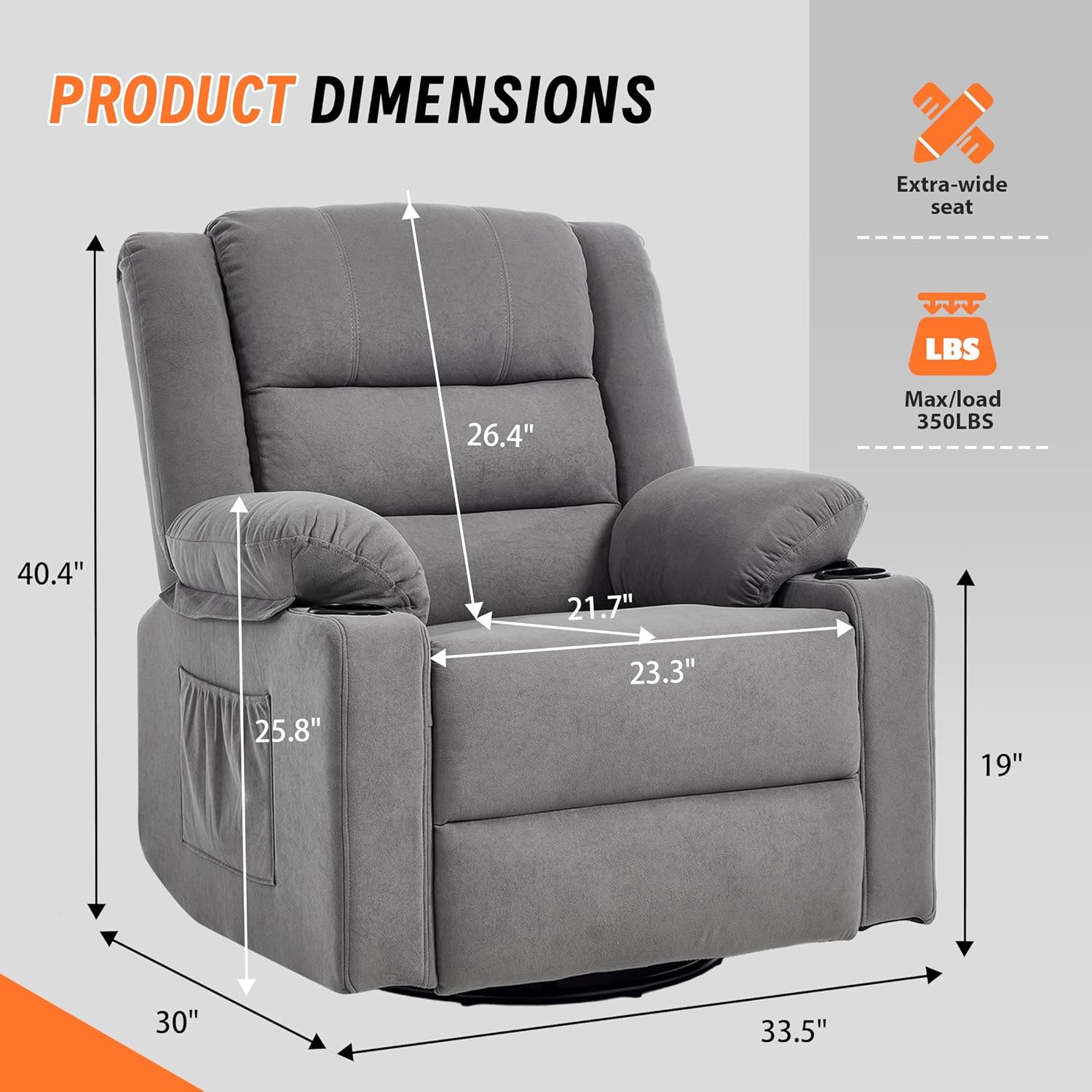 360°Swivel Rocker Recliner Chair for Adults,Manual Glider Recliner Sofa with Massage and Heating, Nursery Rocking Chairs with Cup Holds for Living Room Bedroom (Grey)