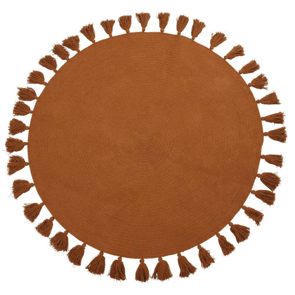 NINA - Tapis rond en coton recyclé marron caramel à pompons D100