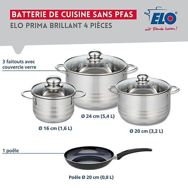 Ensemble de 1 Poêle de cuisson 20 cm et 3 faitouts 16, 20 et 24 cm Elo Prima Brillant