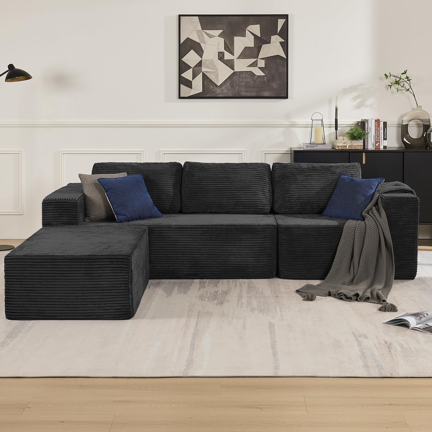 106 Modular Sectional Sofa with L-Shape Chaise, Right/Left Facing Deep Seat Cloud Couch, No Assembly Required, Upholstered Couch for Living Room Bedroom (Plush Corduroy Fabric, Black)