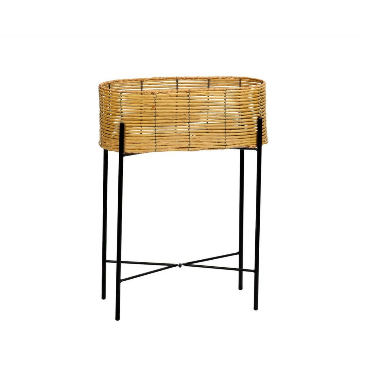 - Support pot plante en rotin synthétique et métal noir 49x20x66cm