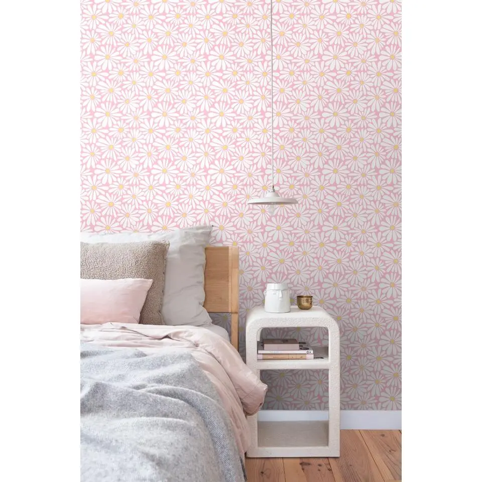 ESTAhome behang madeliefjes licht roze en geel - 50 x 900 cm