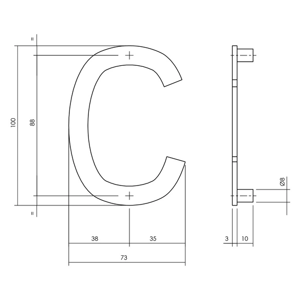 Hausbuchstabe, Buchstabe C, edelstahlfarben, Stahl